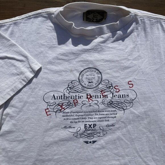 Vintage 1990s EXPRESS Jeans Logo Promo Single Stitched USA Made White Shirt ONFM - Picture 1 of 10